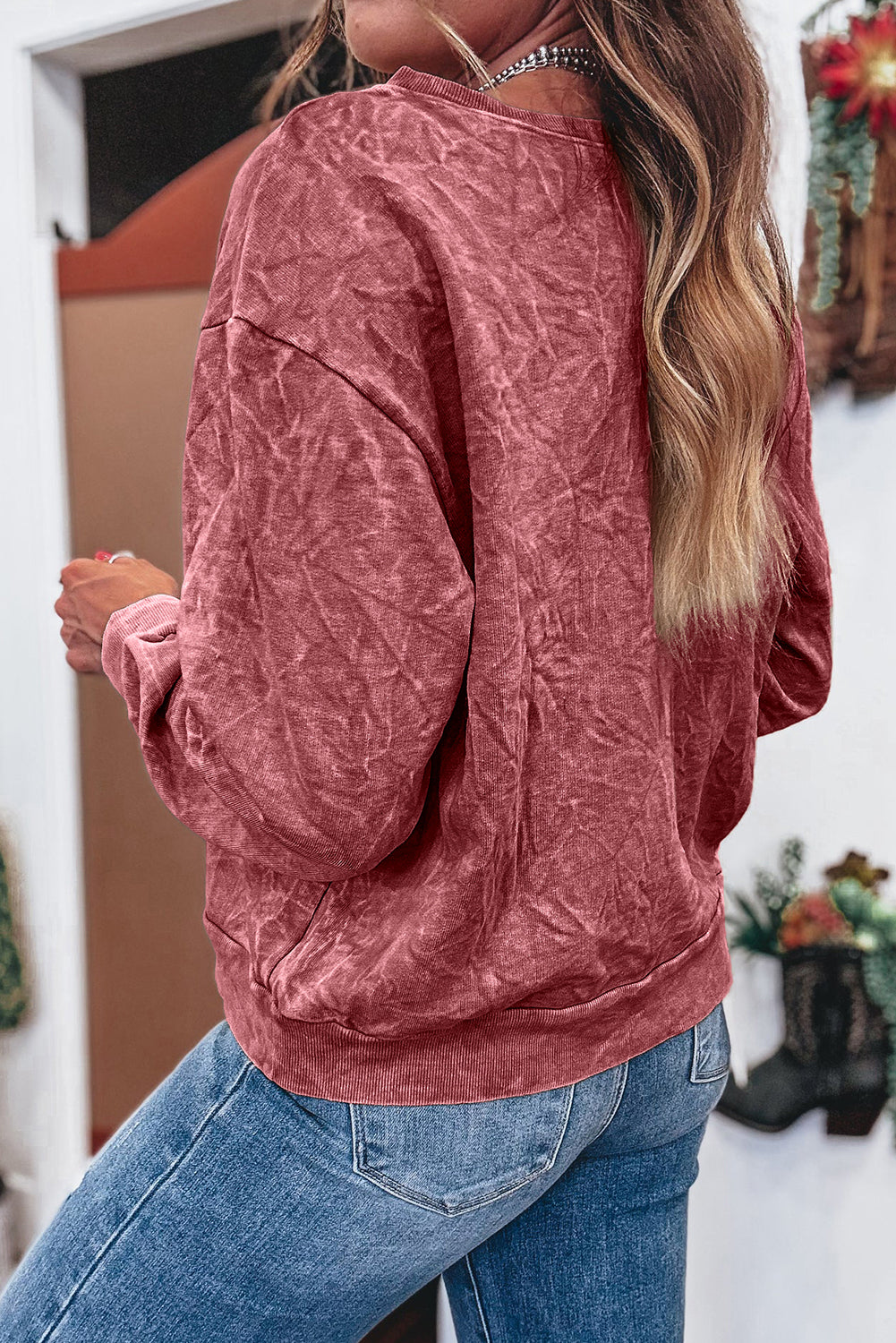 Mineral Red saved by grace Letter Embroidery Mineral Wash Loose Sweatshirt