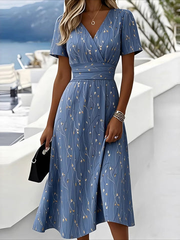 Leaf Summer V Neck Short Sleeve Beach A-Line Dress