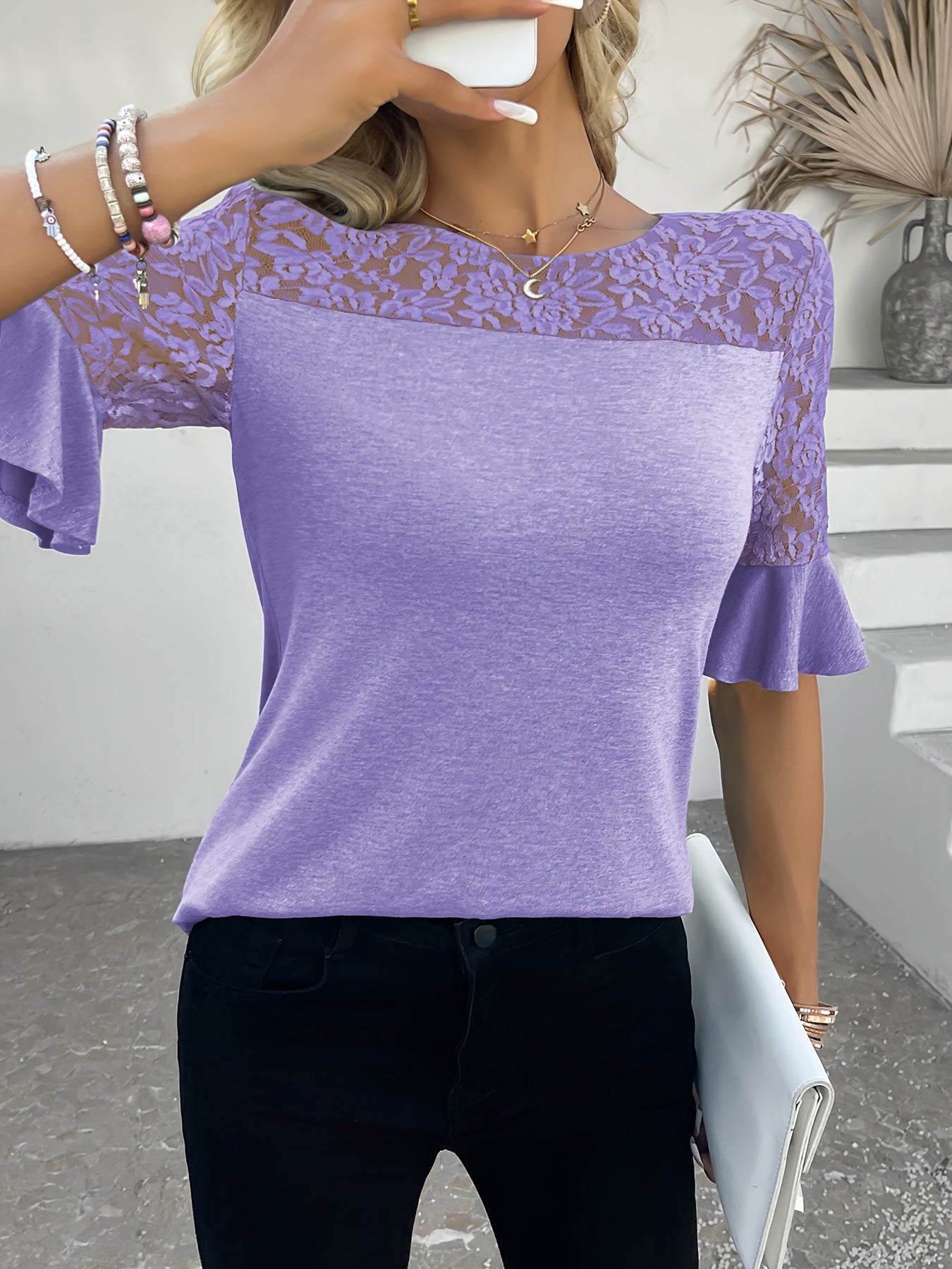 Elegant Pink Knit Crew Neck Fashion Lace Detail and Ruffled Sleeves T-Shirt