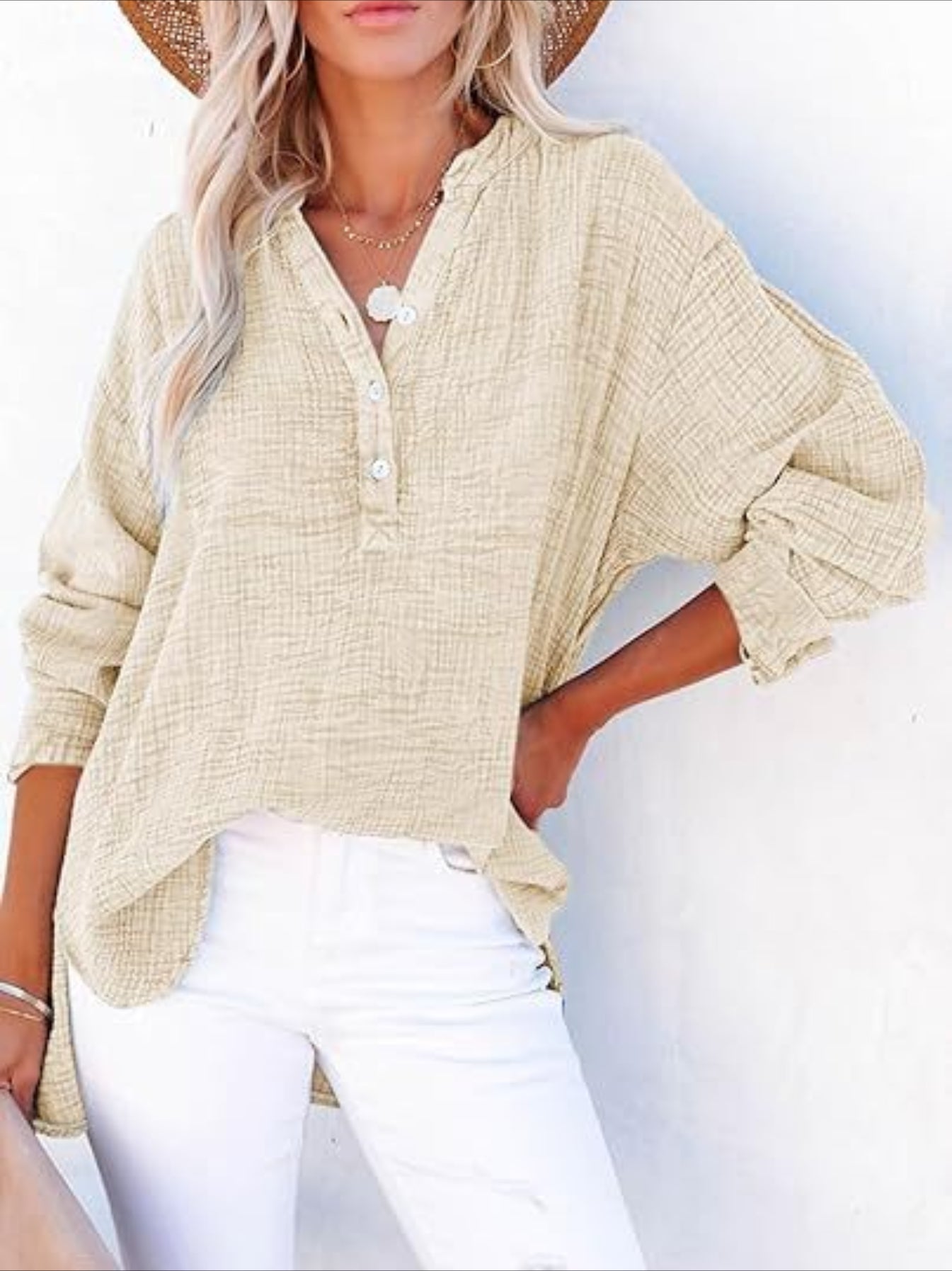 Long Sleeve Button Solid Color Pleated Detail Casual Oversized V-Neck Blouse