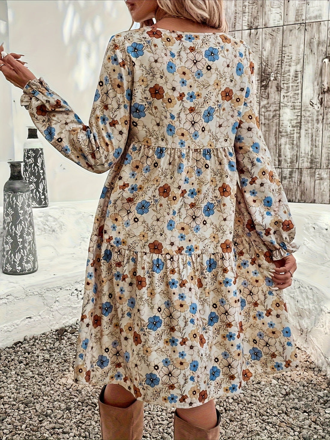 Floral Print Crew Neck Casual Long Sleeve Dress