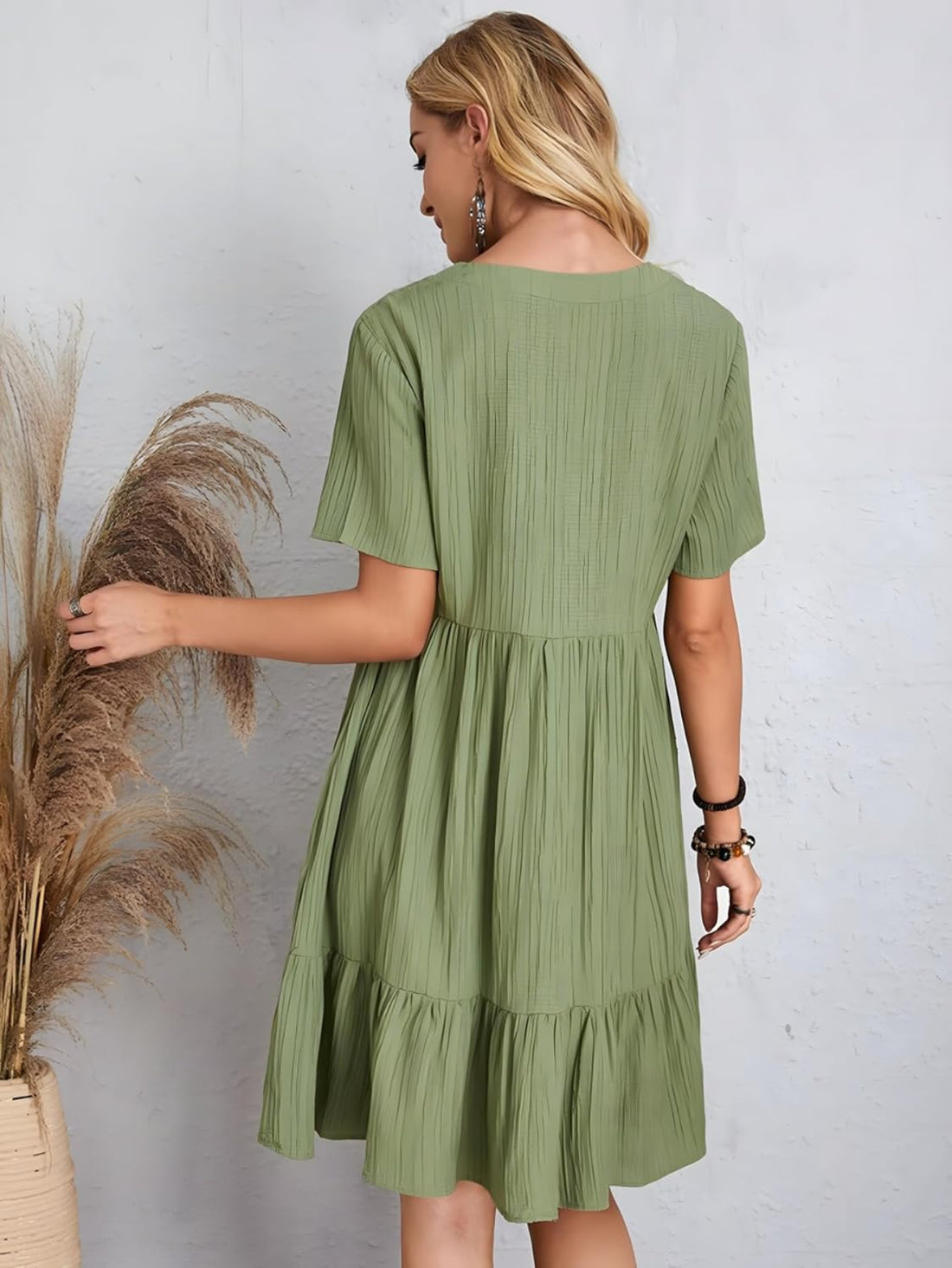 Short Sleeve V Neck Ruffle Mid Dress