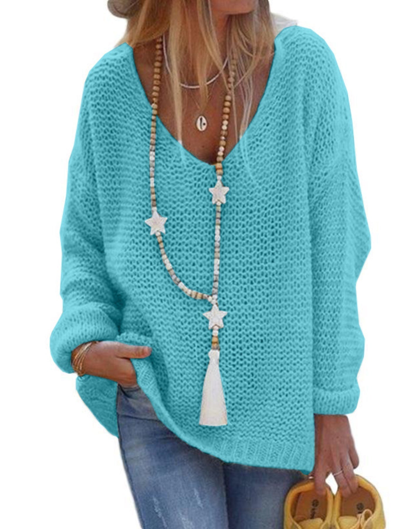 Solid V Neck Knitted Pullover Sweater, Casual Long Sleeve Sweater