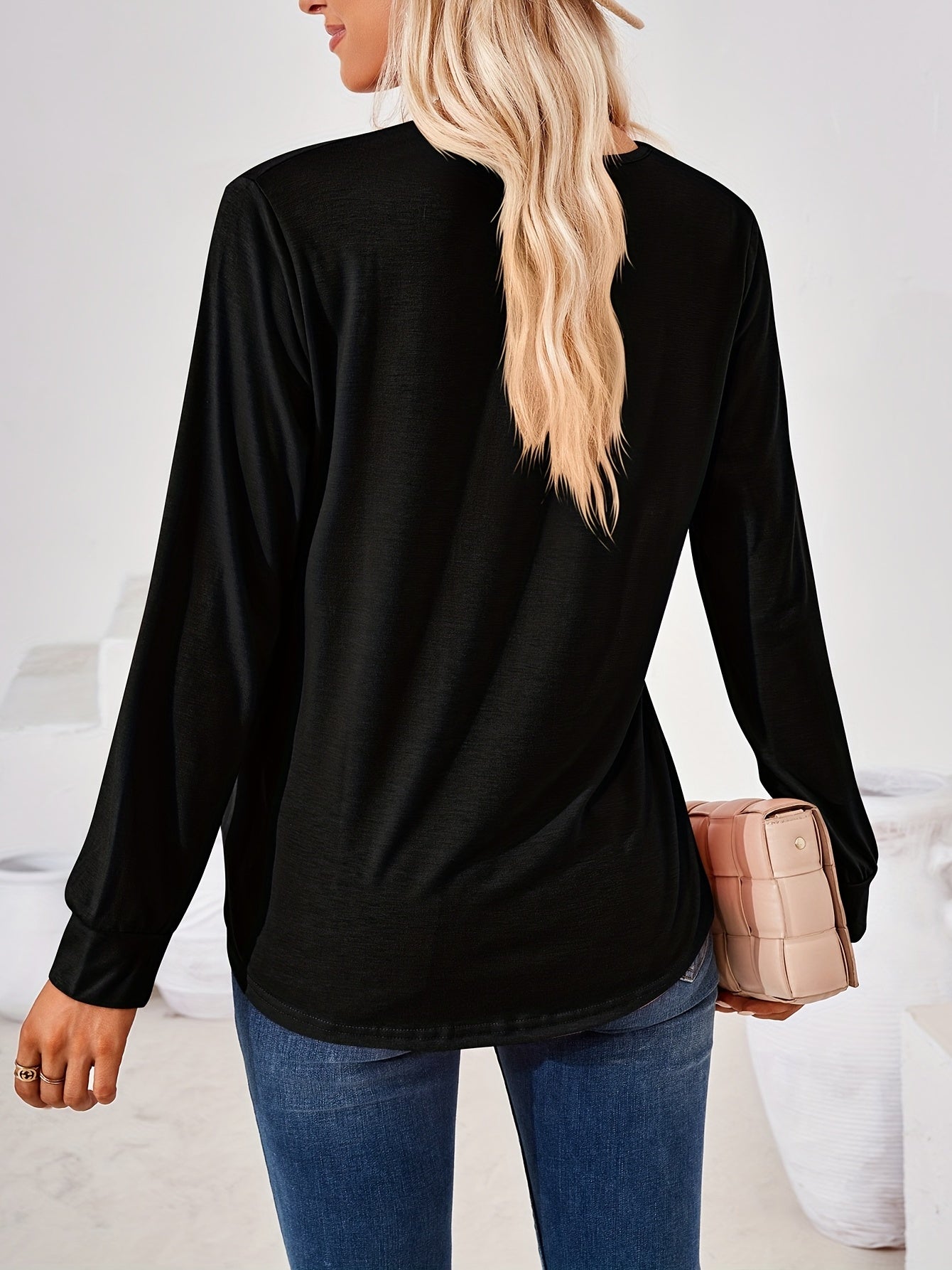 Solid Square Long Sleeve T-Shirt, Casual T-Shirt