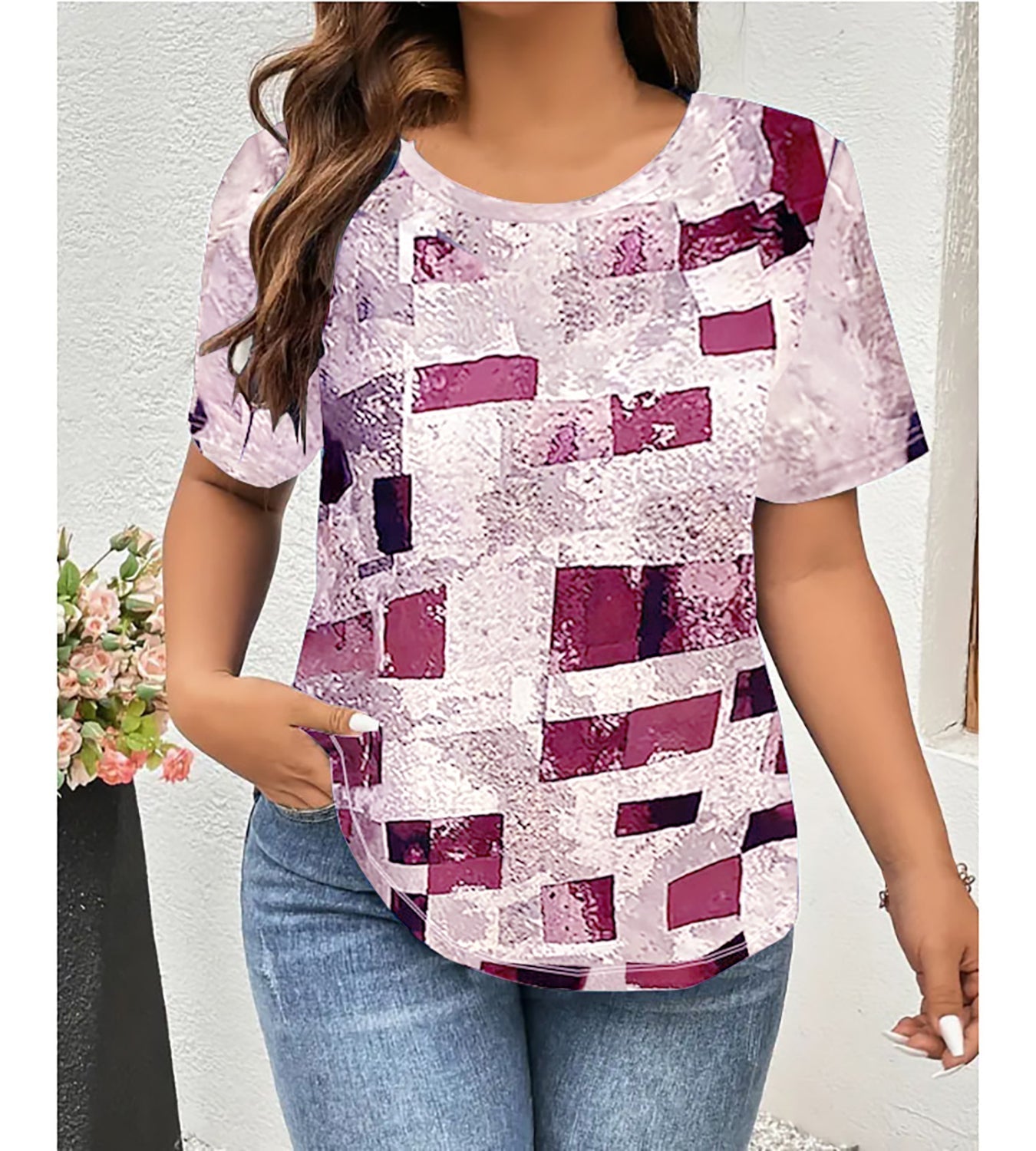 Color Block Print T-shirt, Casual Crew Neck Short Sleeve Top