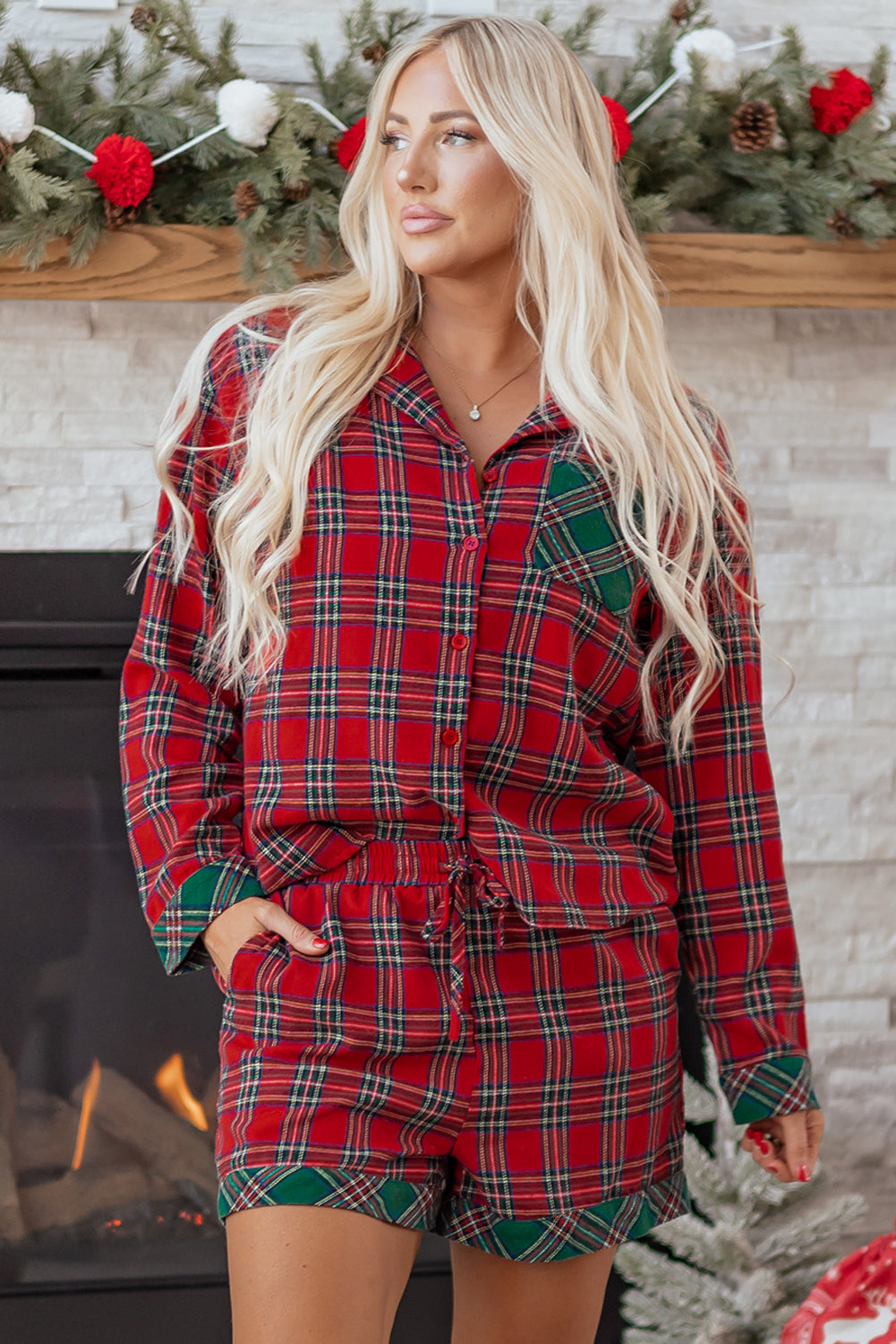 Dear Lovers Red Plaid Contrast Patched Christmas Holiday Long Sleeve Shirt and Short 2pcs Pajama Set
