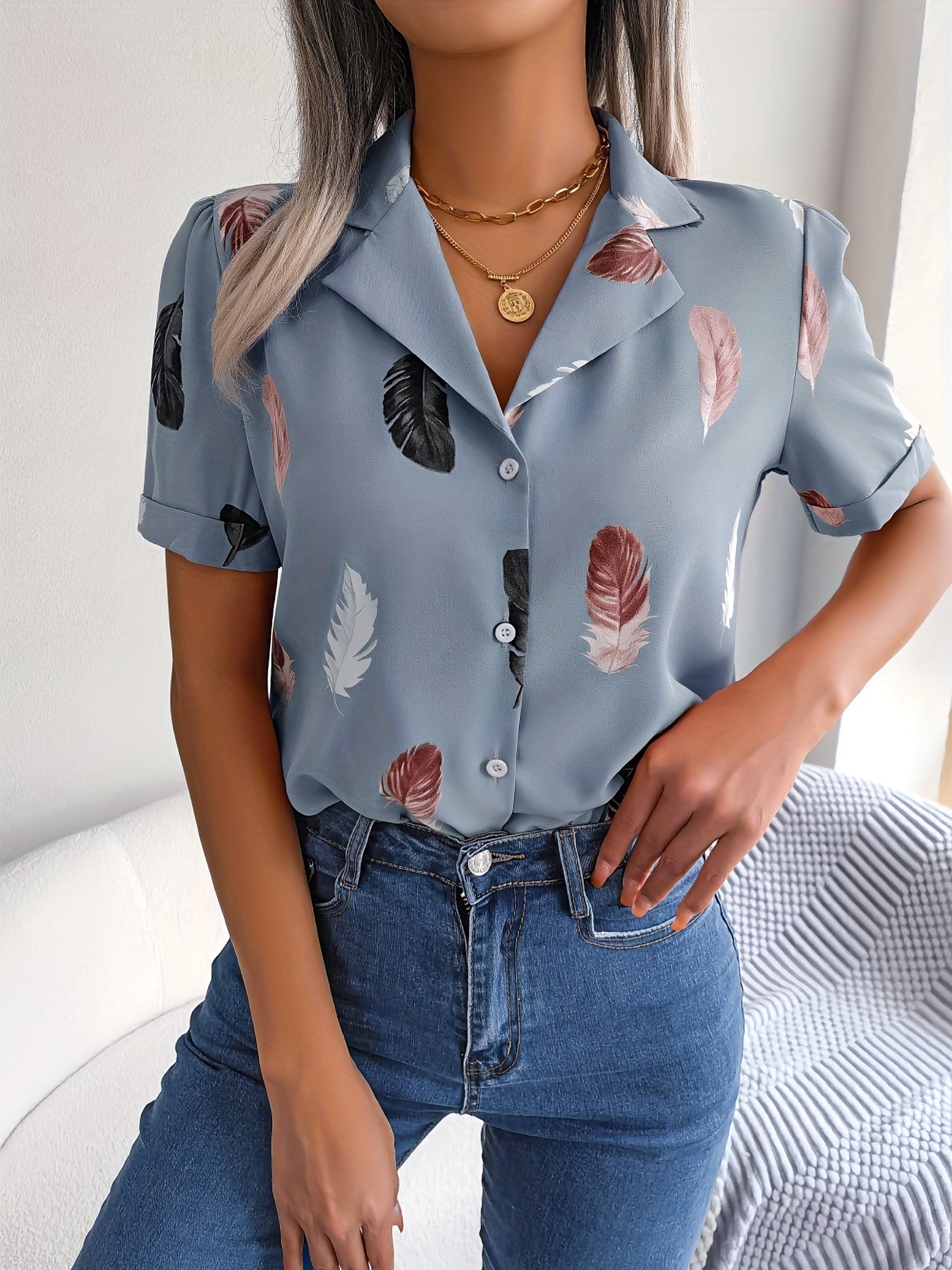 Feather Print Button Front Shirt, Casual Lapel Short Sleeve Shirt