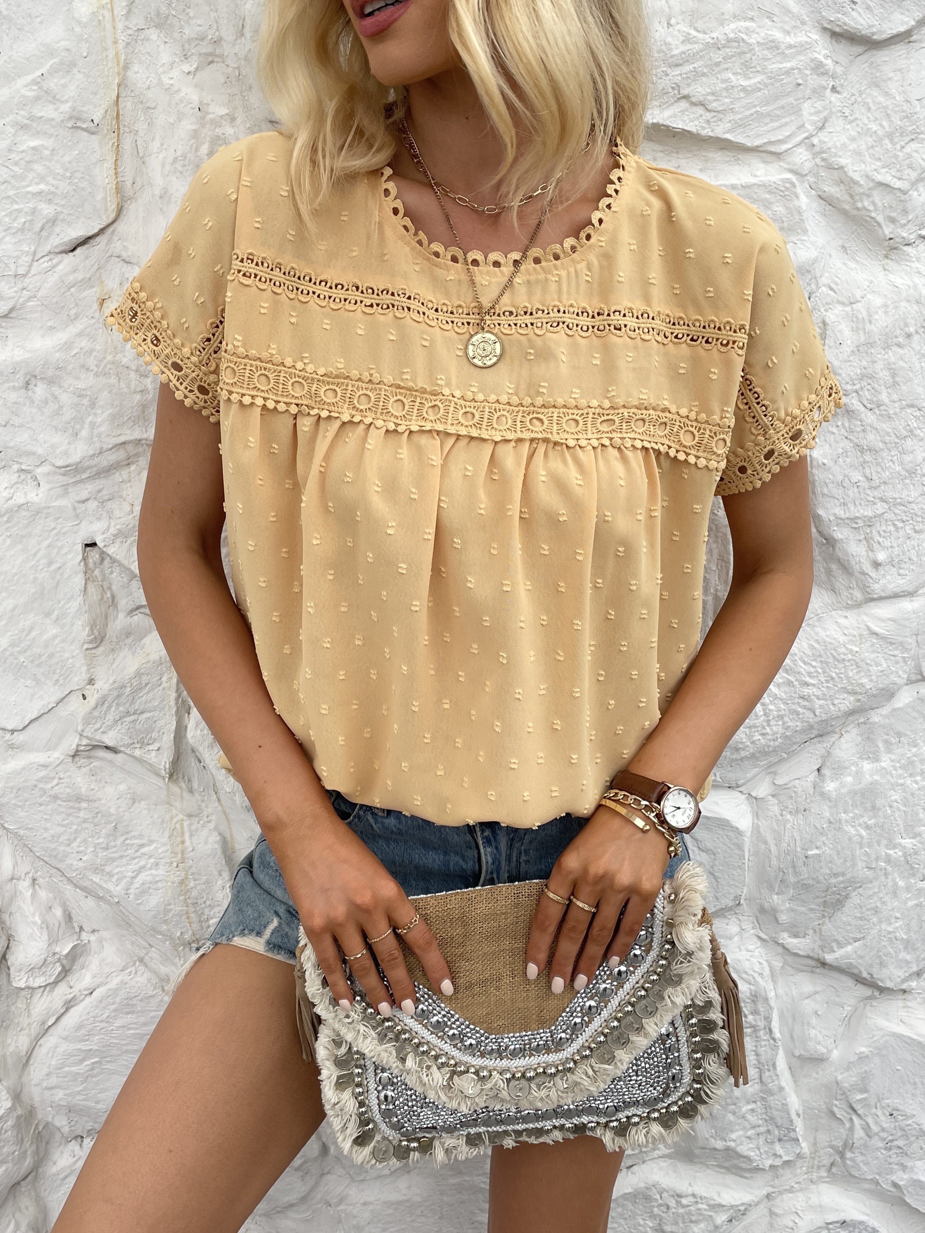 Women's Swiss Dot Embroidered T-Shirt, A Stylish and Comfortable Everyday Top