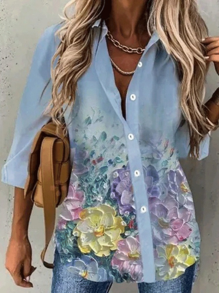 Turn-down Collar Button Short Sleeve Casual Blouses Tops