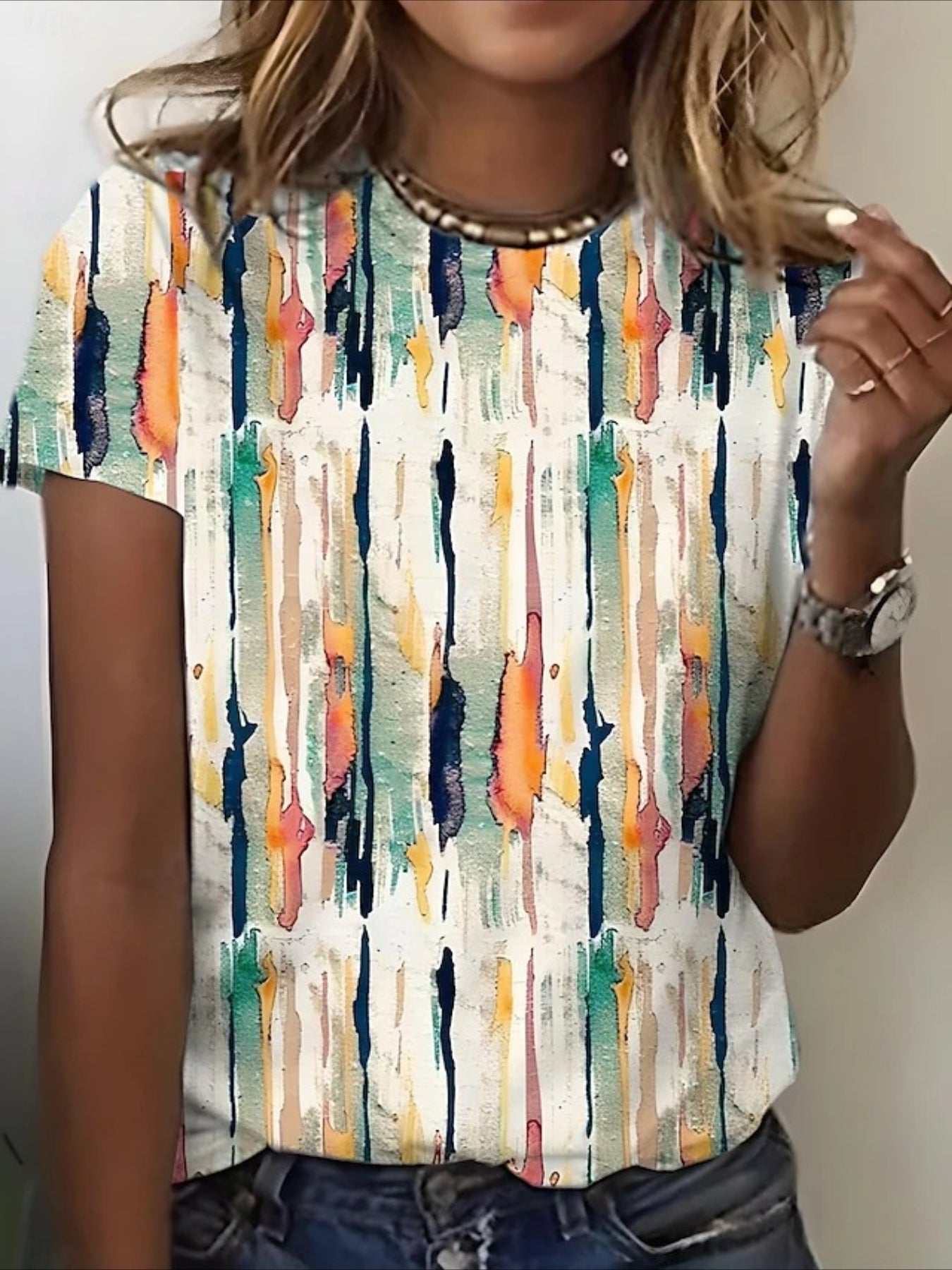 Print Graphic Geometric Striped Vintage Stylish Classic Short Sleeve Crew Neck Regular Tops