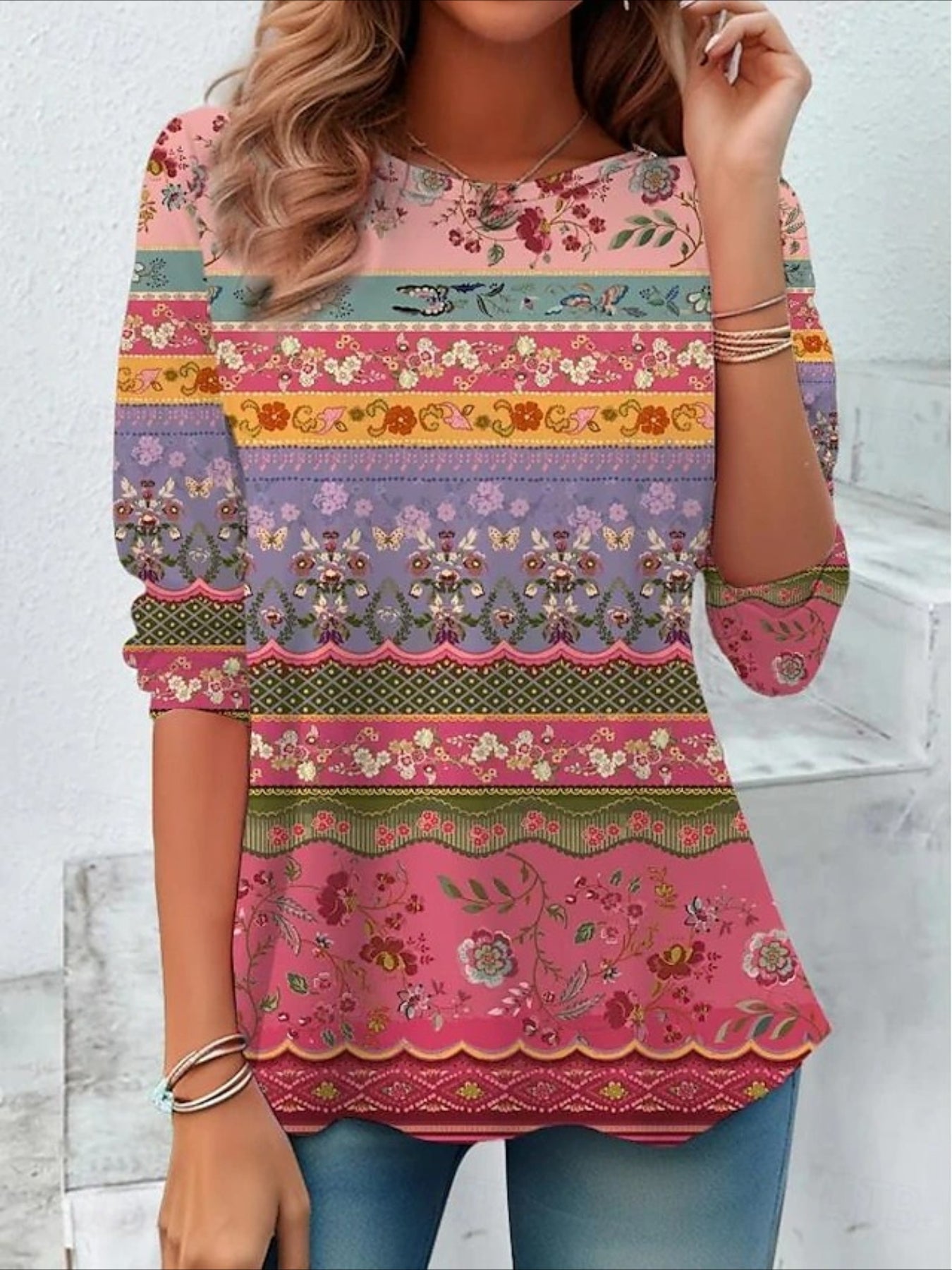 Flower Printed Casual Crew Neck Long Sleeve T-shirt