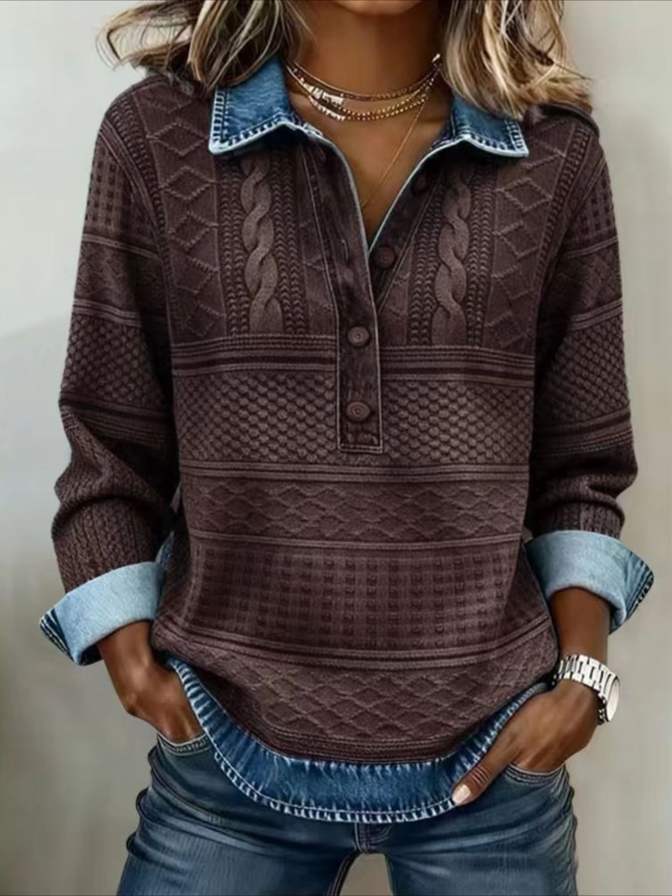 Denim Patchwork Print Casual Collared Long Sleeve Sweatshirt