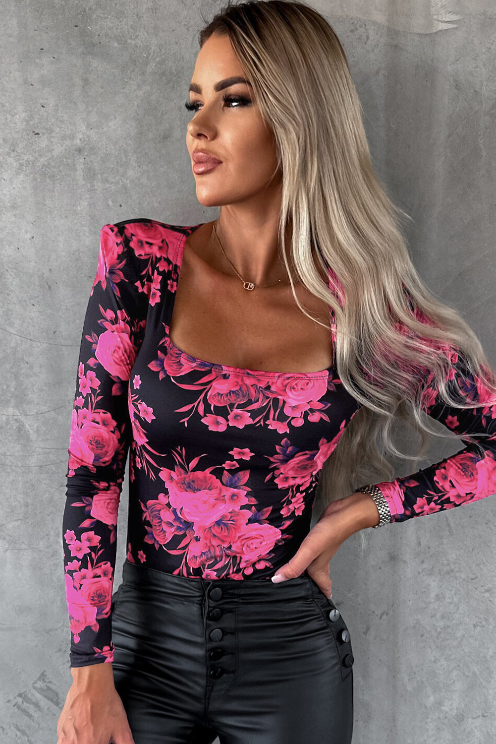 Rose Red Floral Print Shoulder Pad Long Sleeve Square Neck Top