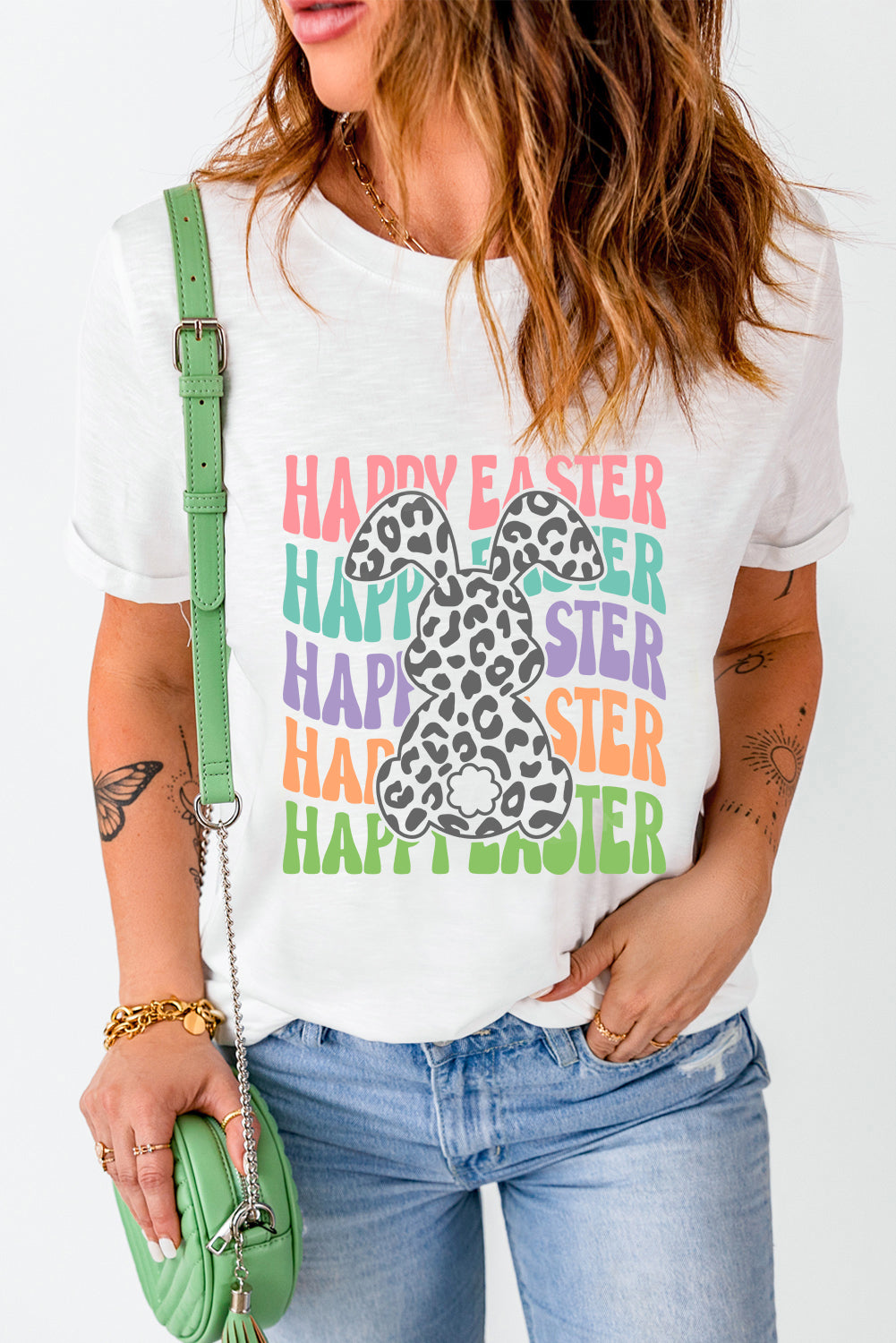 White Happy Easter Rabbit Print Crew Neck T Shirt