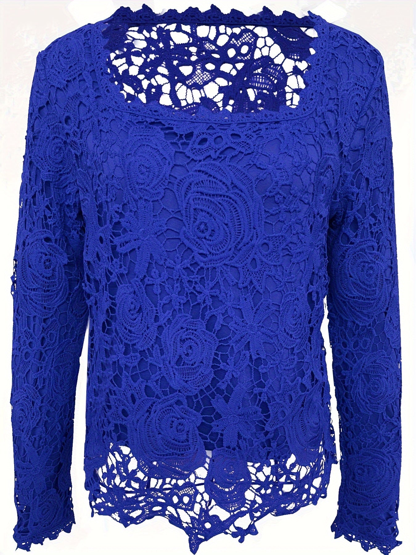 Solid Square Neck Lace T-Shirt, Casual Long Sleeve T-Shirt