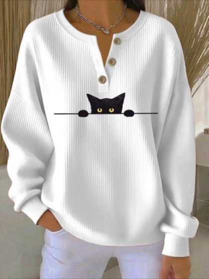 Casual Cat Crew Neck Long Sleeve Sweatshirt