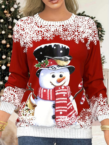 Snowman & Snowflake Print Sweatshirt, Casual Long Sleeve Crew Neck Sweatshirt