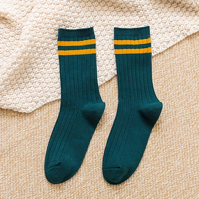 5/10 Pairs Solid Patched Stripes Crew Socks, Basic Sports Business Stockings
