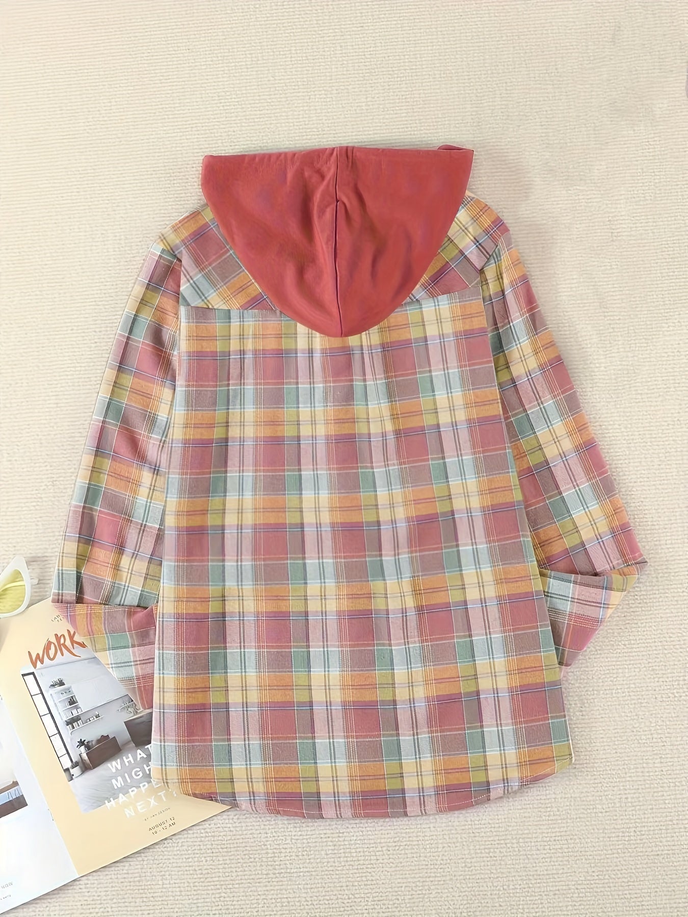 Plaid Print Hooded Shirt, Casual Long Sleeve Drawstring Shirt