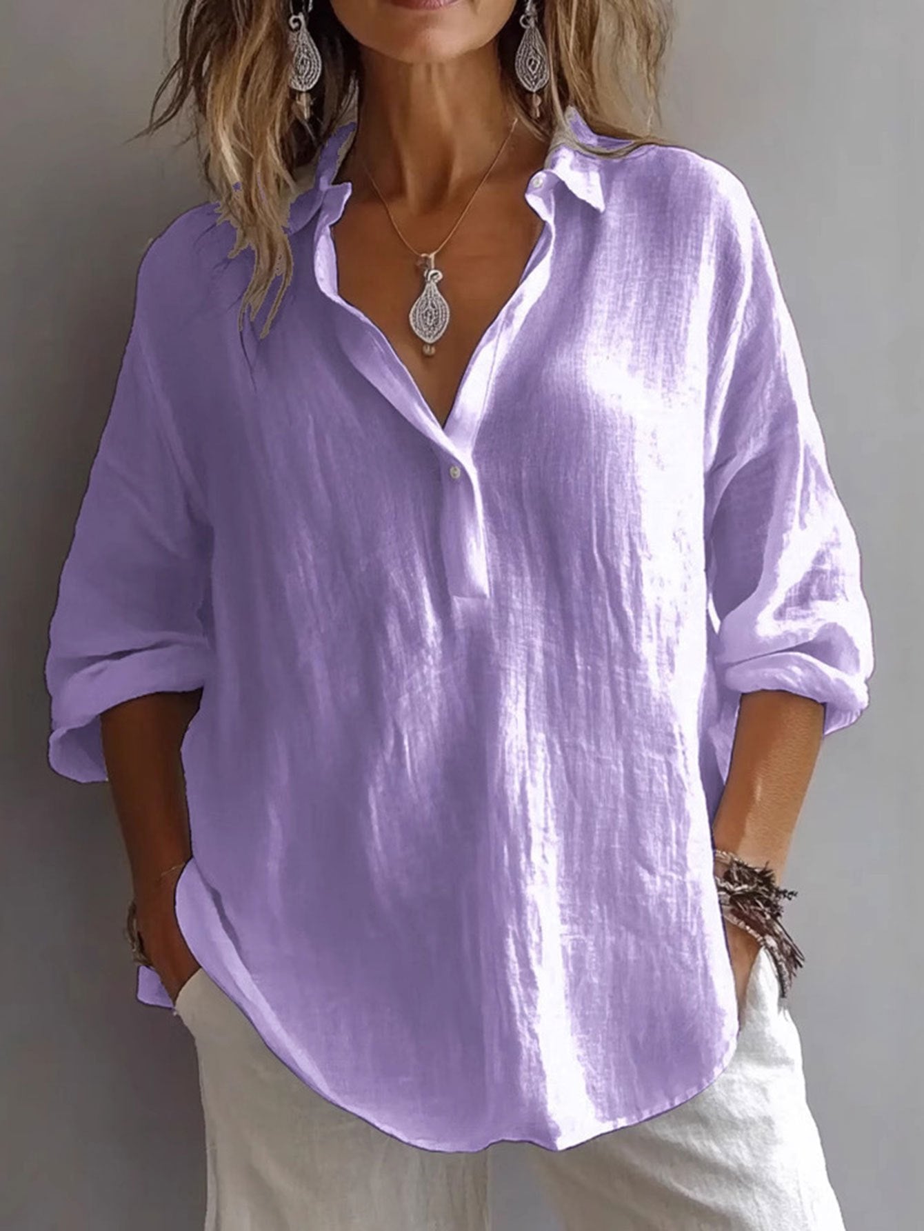 Solid Color Loose Long-Sleeved Lavender Linen V-Neck Shirt