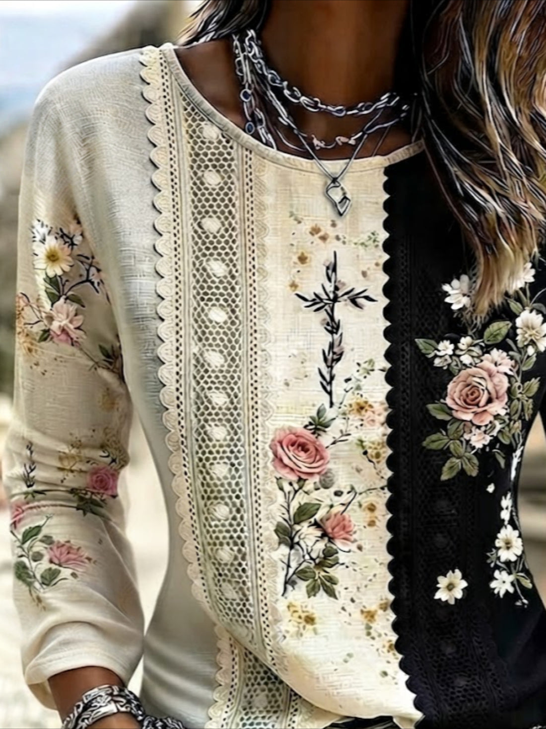 Crew Neck Long Sleeve Floral Modern Casual Regular T-shirt