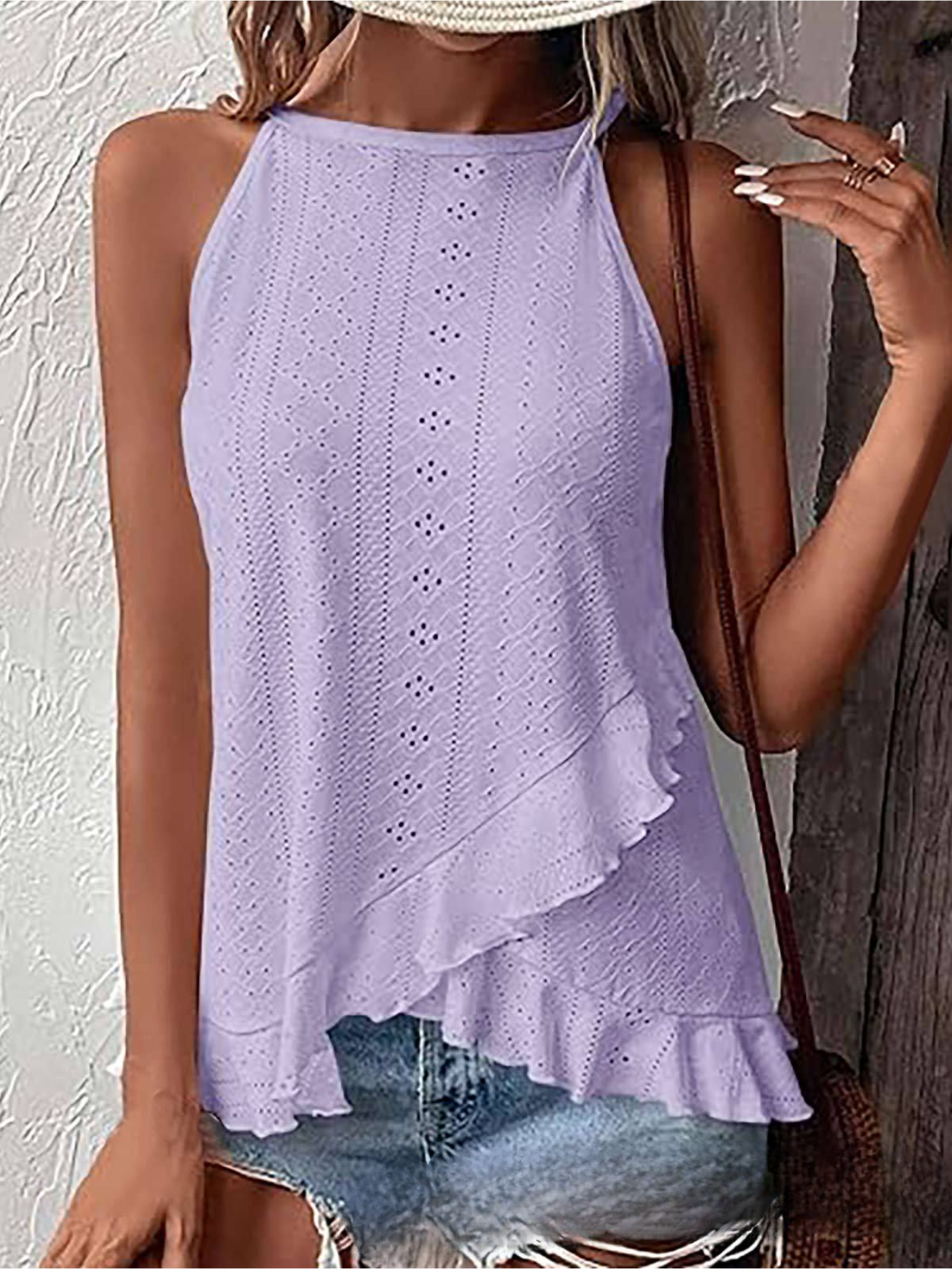 Women's Solid Cross Halter Top with Ruffle Trim and Eyelet Detail