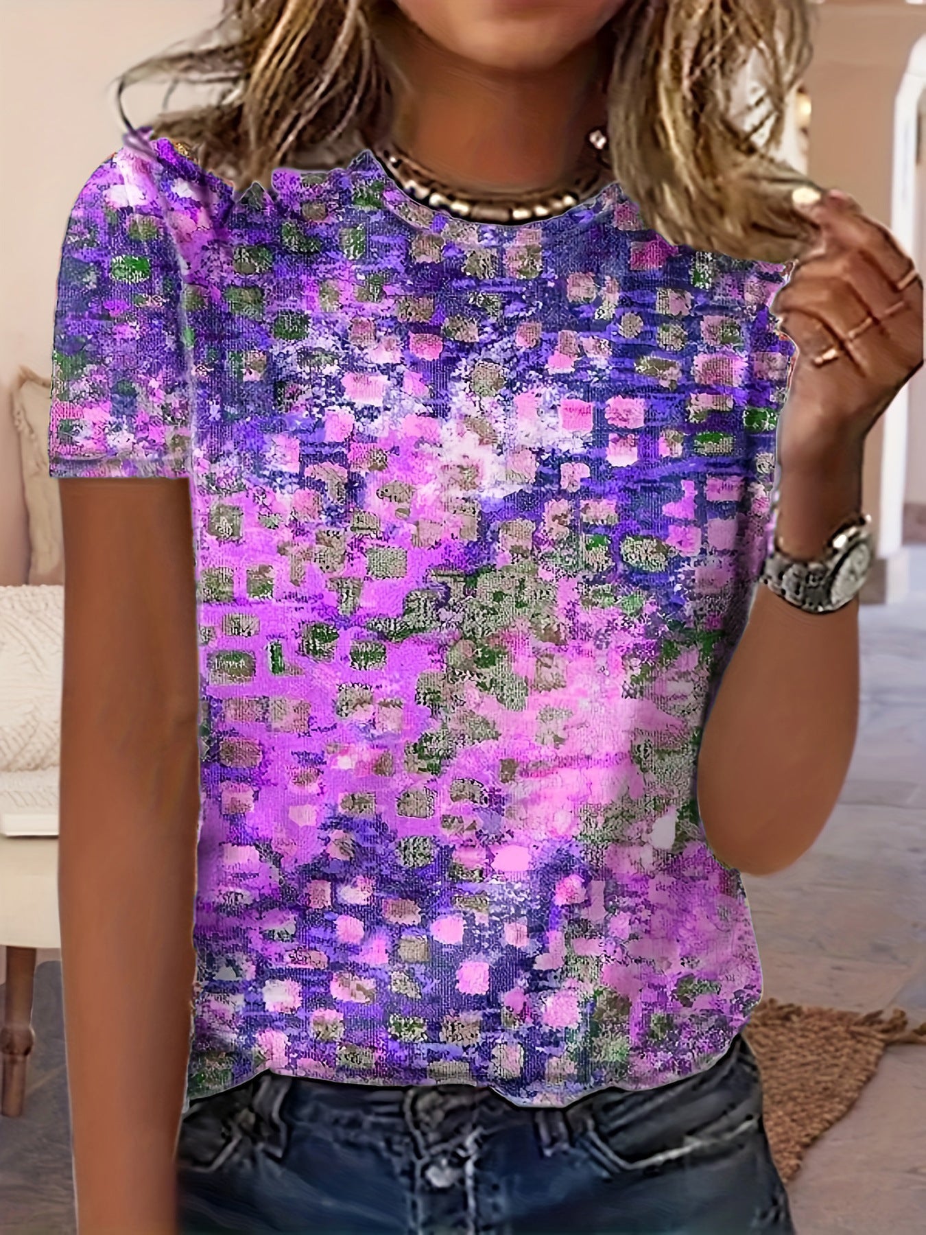 Allover Print Crew Neck T-Shirt, Casual Short Sleeve T-Shirt