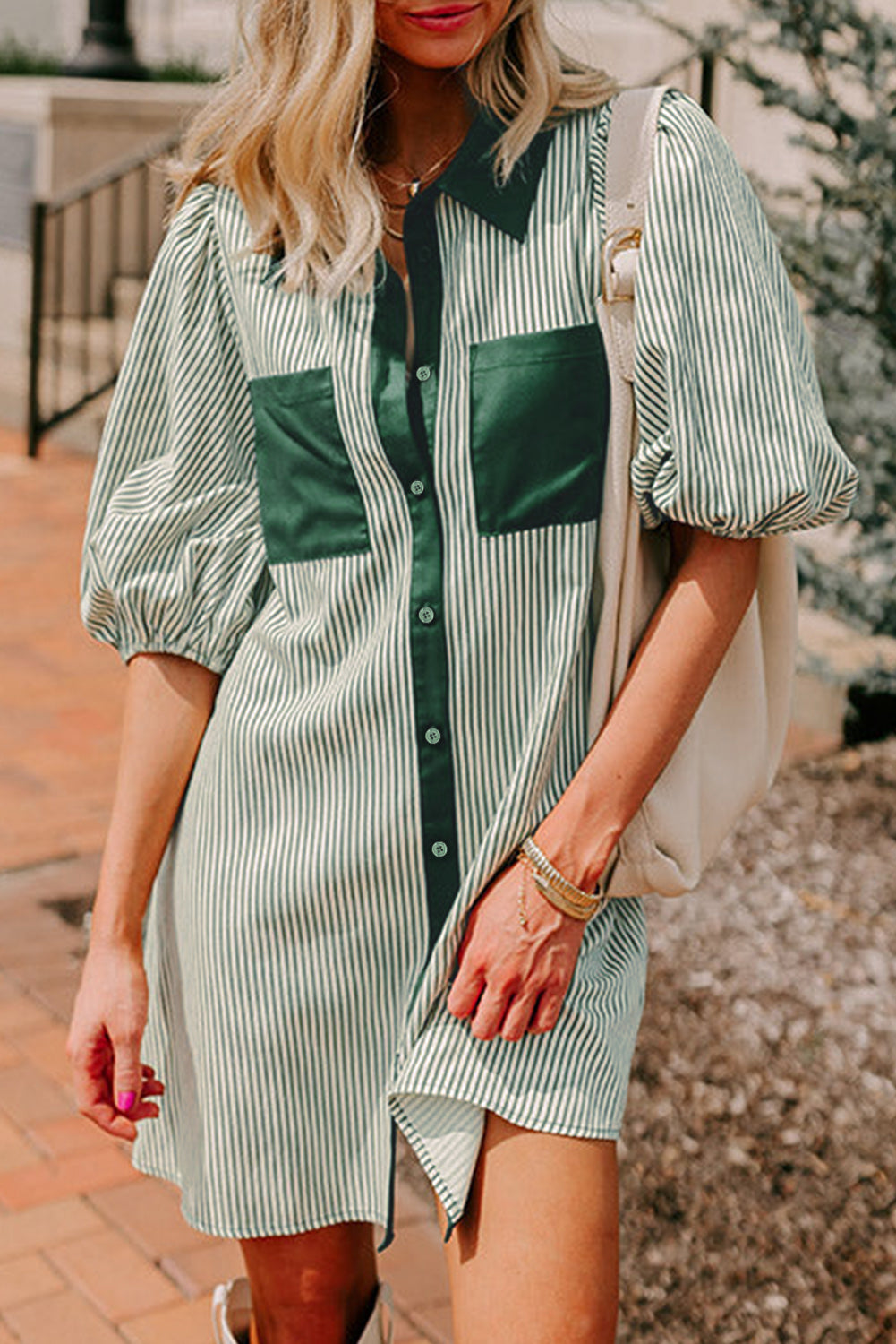 Green Patch Pockets Button Down Short Puff Sleeve Dress