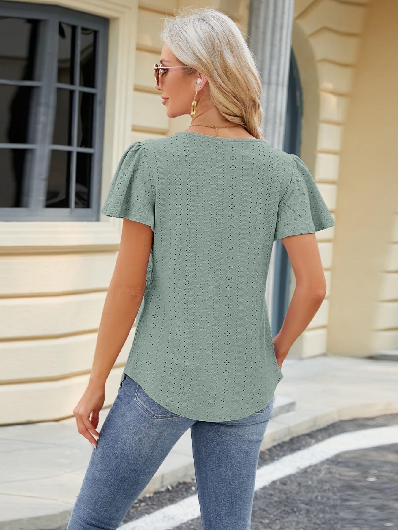 Pleated Hollowed Out Square Neck Short Sleeve T-Shirt
