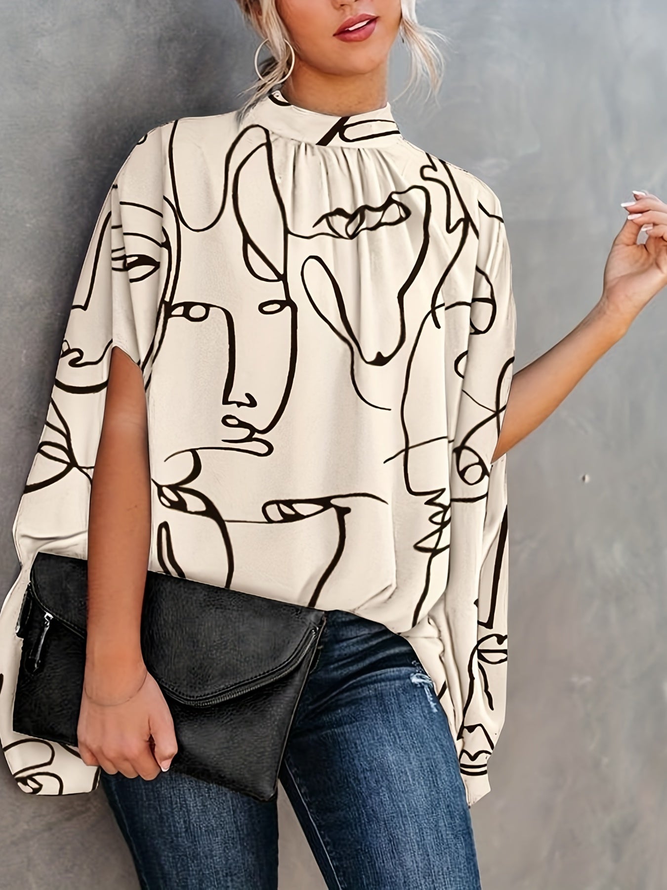 Asymmetrical High Neck Batwing Sleeve Shirt, Letter Print Elegant Summer Stretchy Shirt