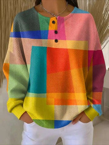 Colorful Ribbed V Neck Braided Print Long Sleeve Regular Sweatshirt