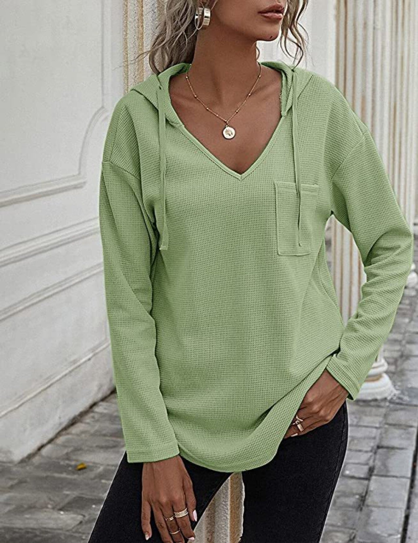 Drawstring Solid Waffle Hoodies, Casual V Neck Long Sleeve Sweatshirt With Pocket