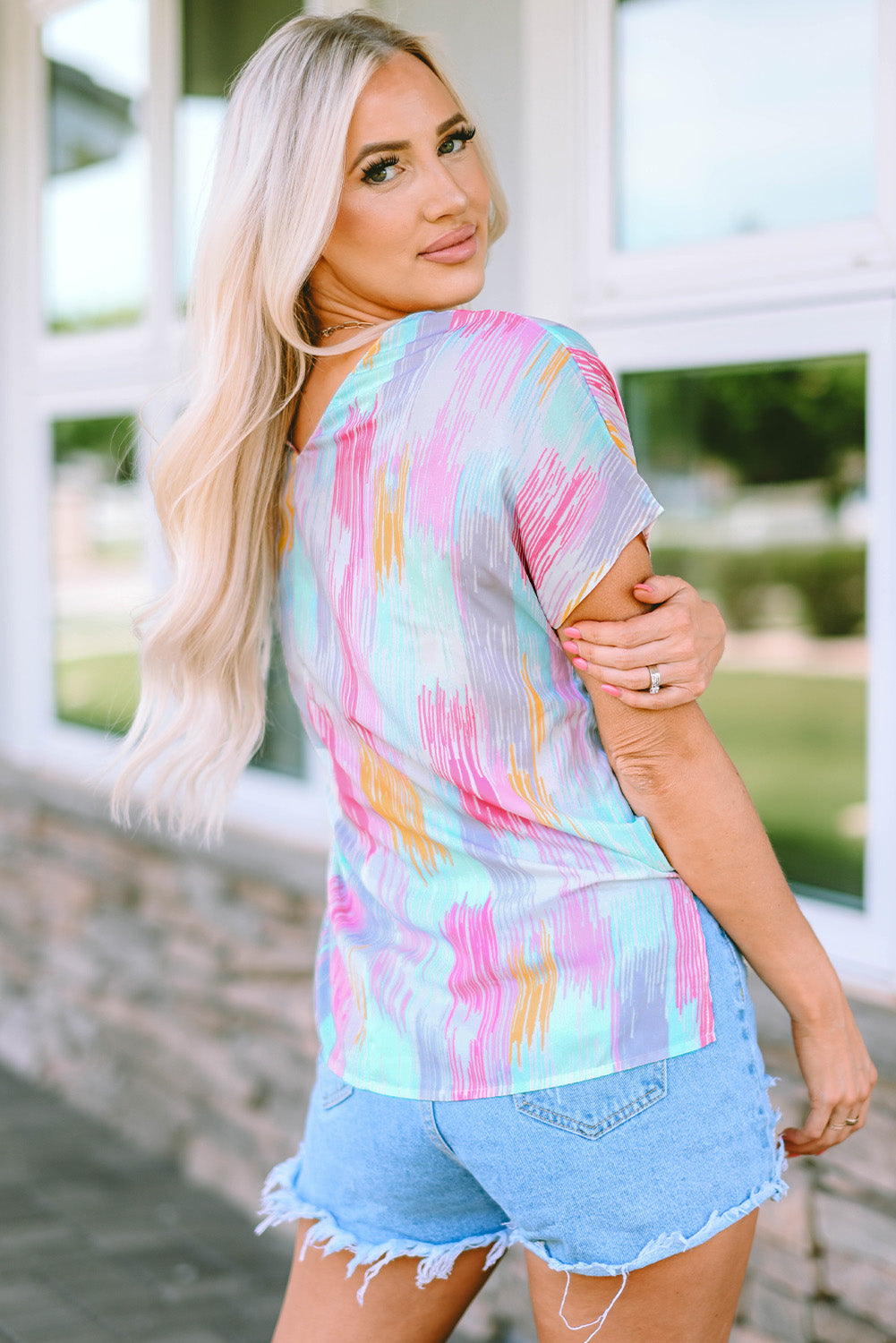 Multicolor Abstract Print V Neck Dolman Blouse