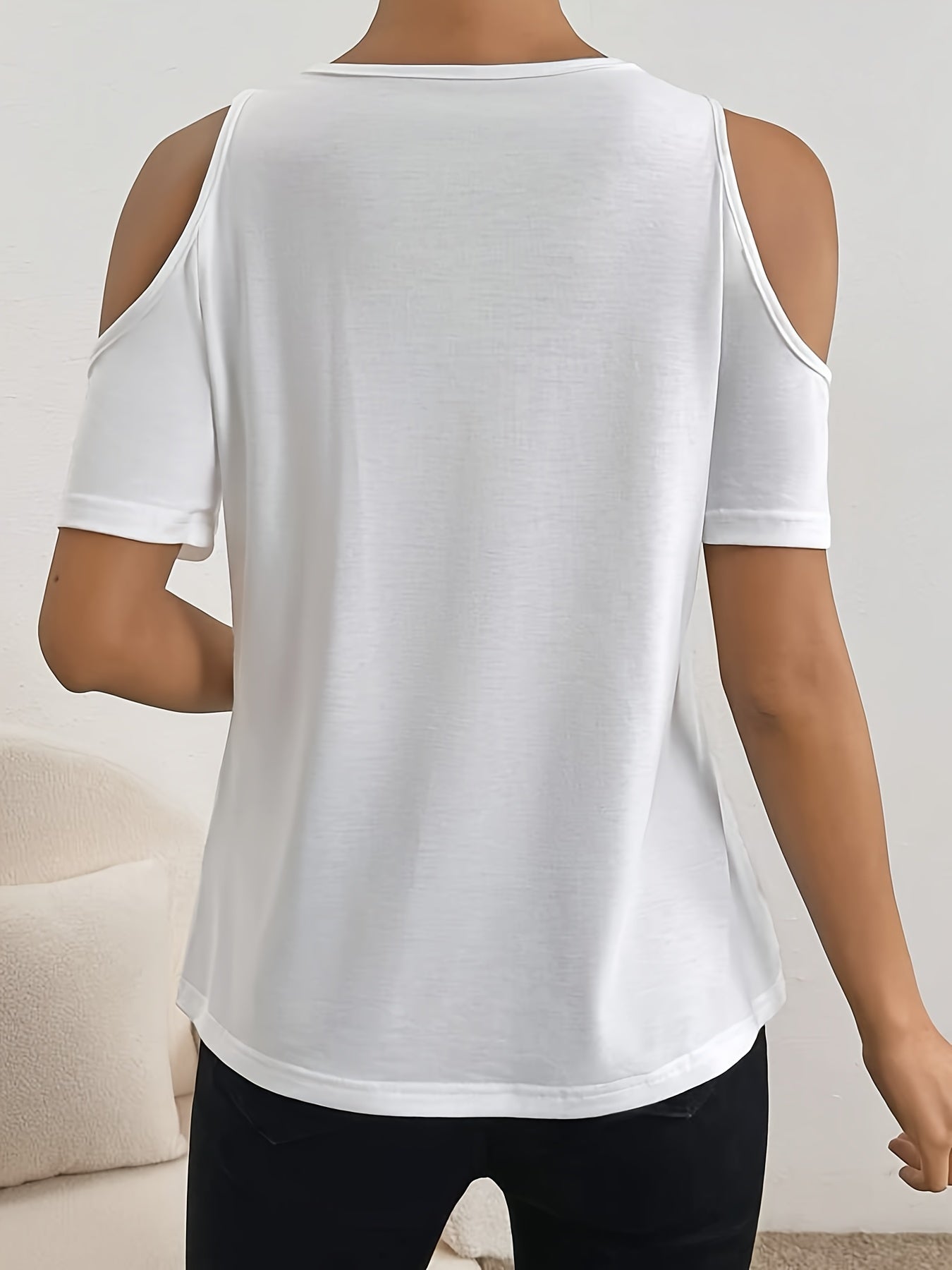 Cold Shoulder V Neck T-Shirt, Casual Short Sleeve Lace Trim T-Shirt