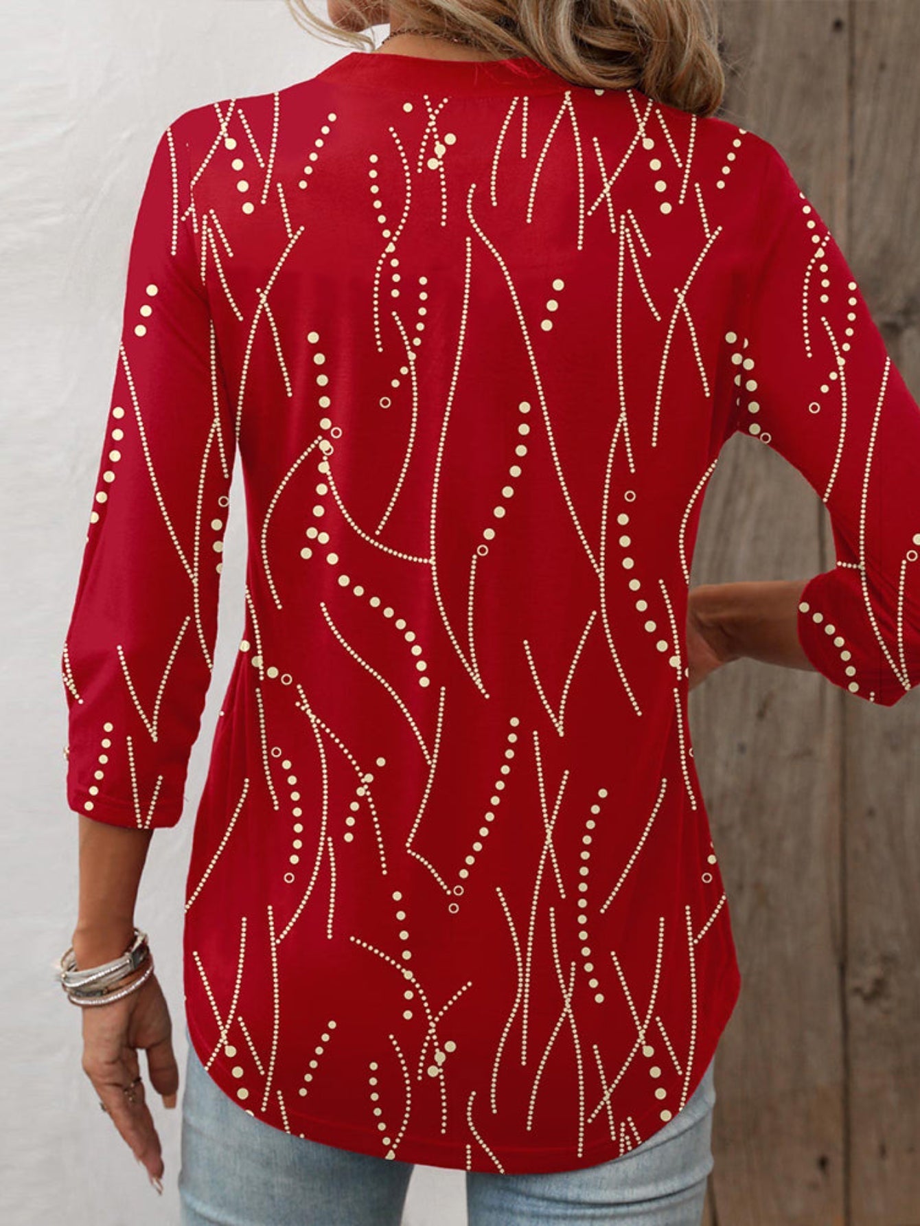 Button Print and V-neck 3/4 Sleeve Elegant Top