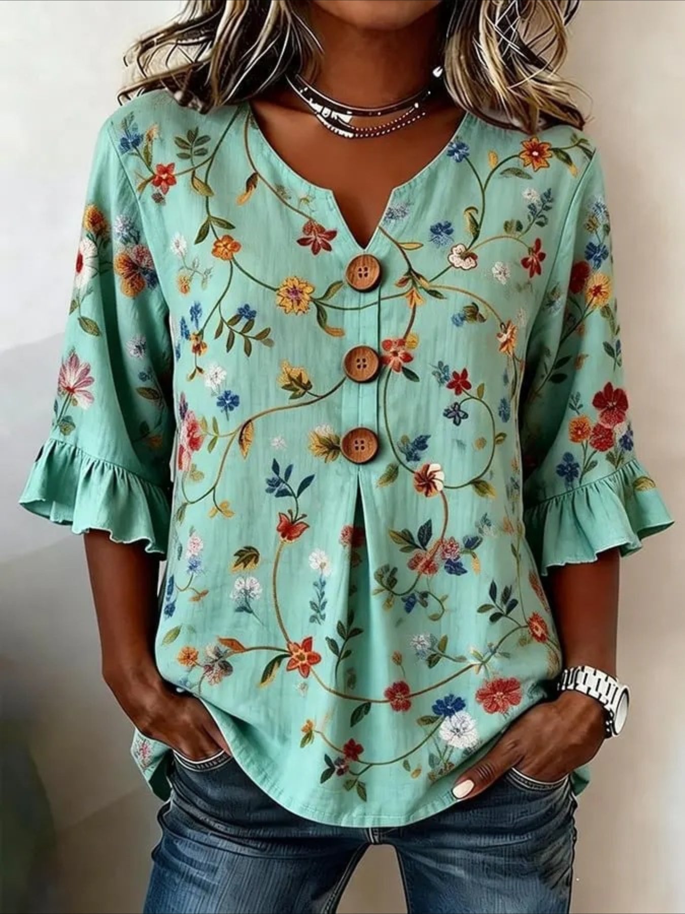 Floral V Neck Button Short Ruffle Sleeve Casual Top