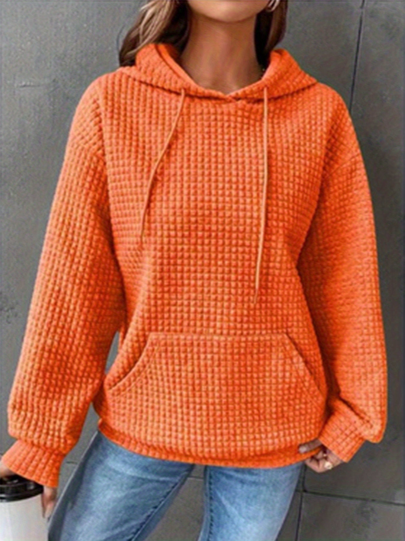 Waffle Grid Kangaroo Pocket Hoodie, Casual Long Sleeve Drawstring Hoodies Sweatshirt