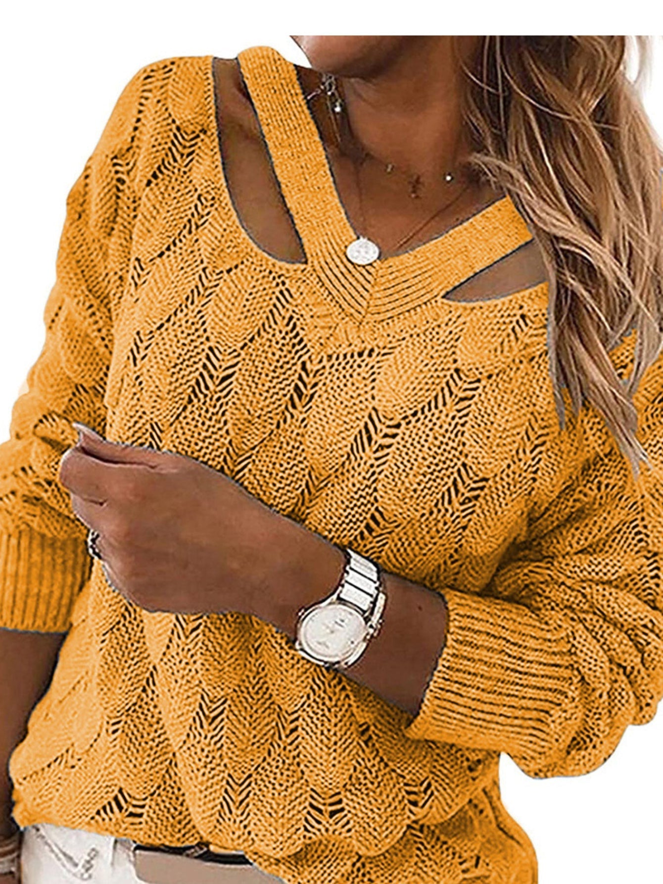 Cut Out Solid Knit Sweater, Casual V Neck Long Sleeve Sweater