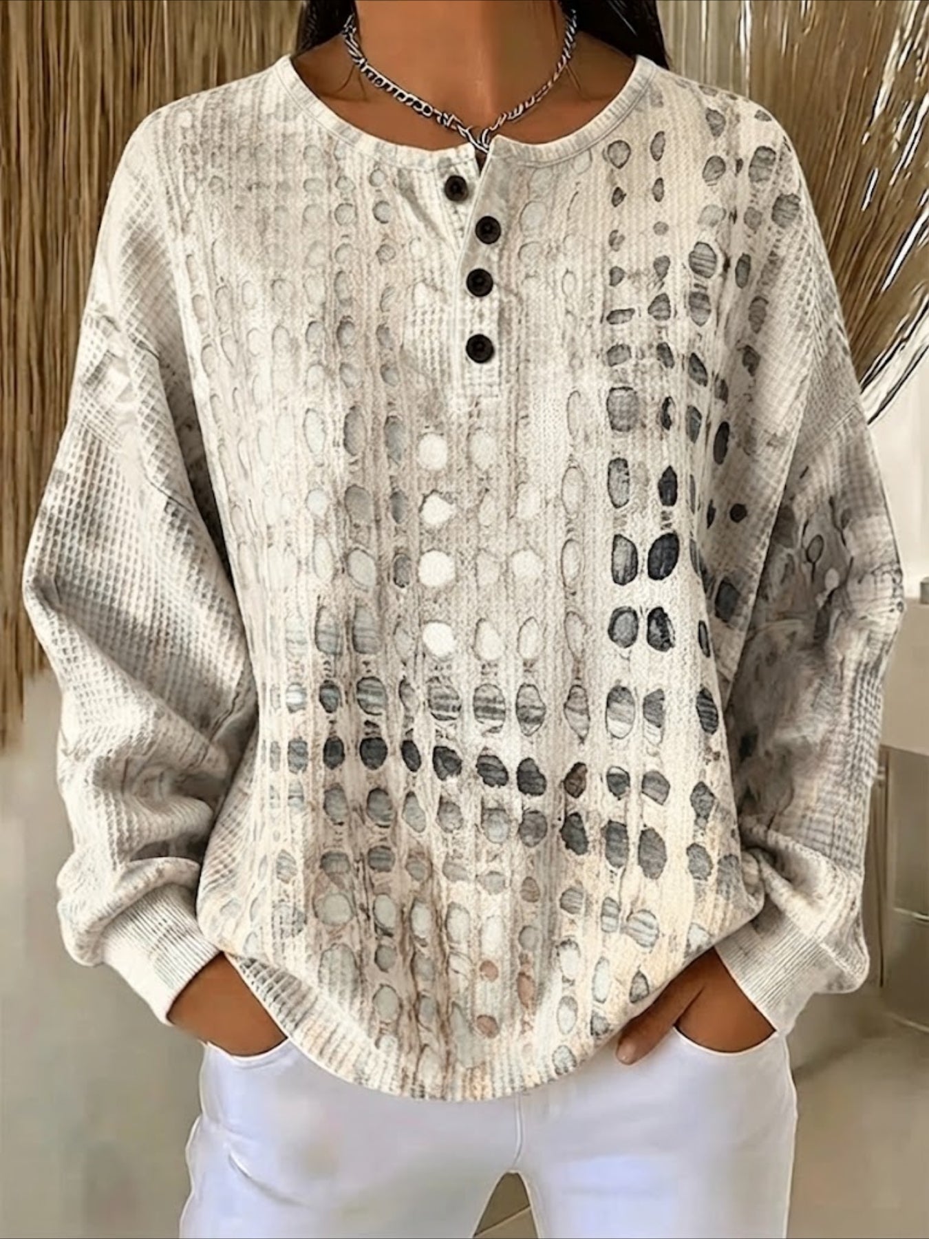 Polka Dots V Neck Long Sleeve Regular Tops