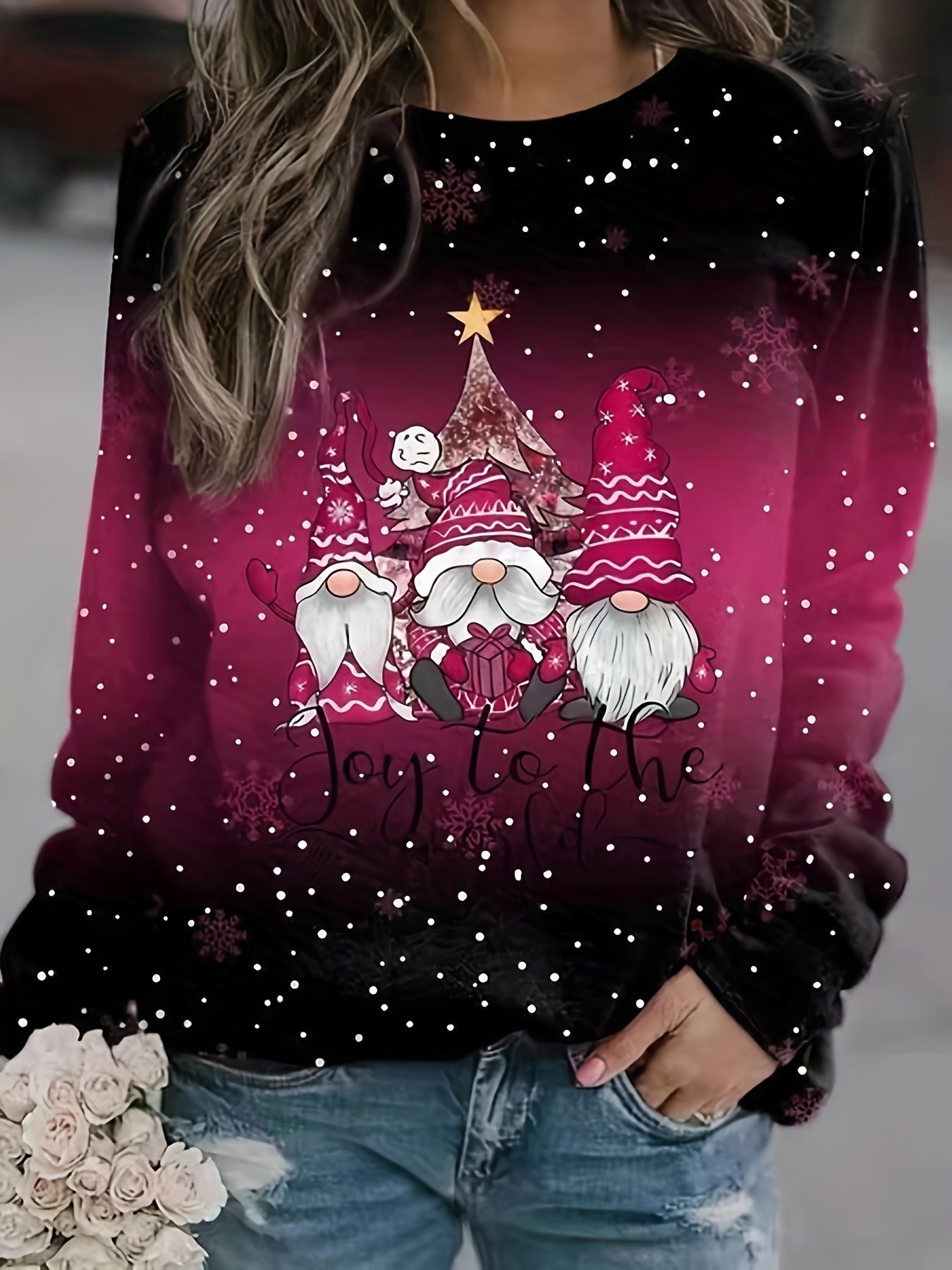 Christmas Top, Women's Christmas Dwarf & Slogan Print Ombre Long Sleeve Round Neck Slight Stretch Top