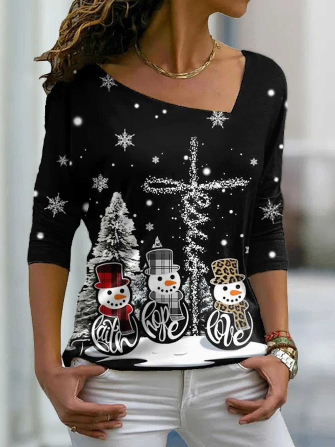 Snowflake Print Slant V Neck T-Shirt, Casual Long Sleeve Top