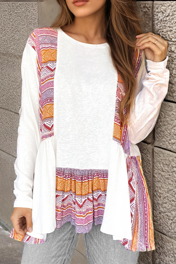 White Western Aztec Print Patchwork Ruffled Tunic Long Sleeve Babydoll Top