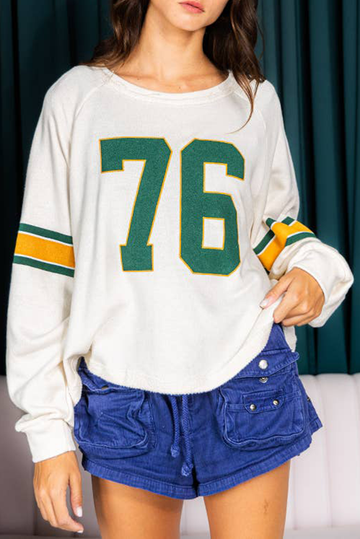 White Number 76 Printed Retro Sporty Long Sleeve Top