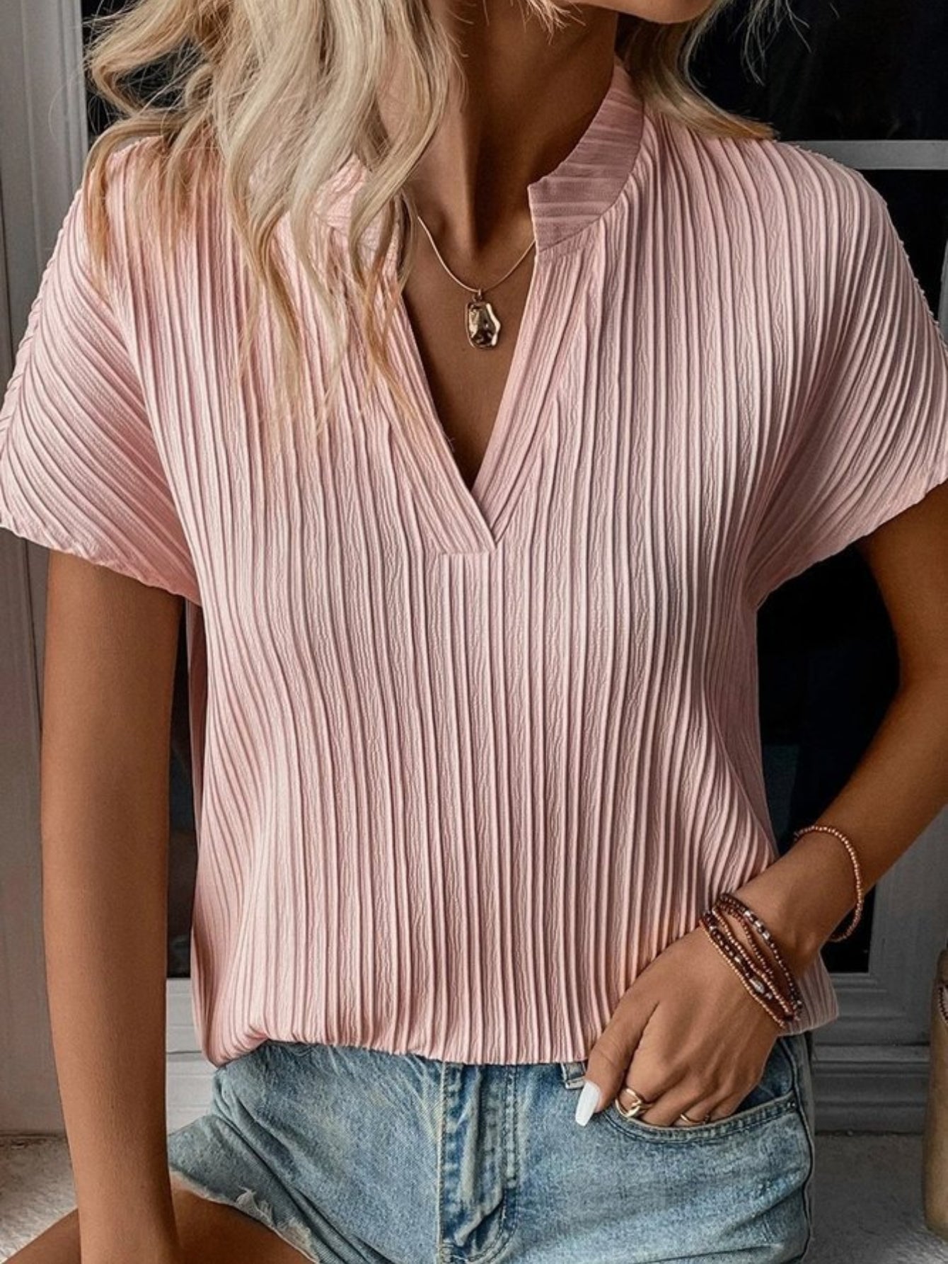Ribbed Short Sleeve with Notched Neck and Slight Stretch for Women