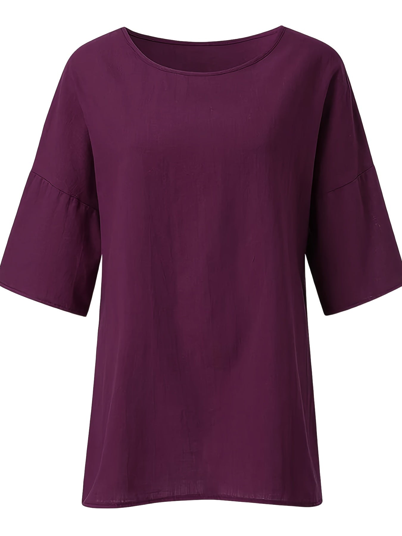 Crew Neck Loose Blouses, Casual Solid Color 3/4 Sleeve Summer Shirts Tops