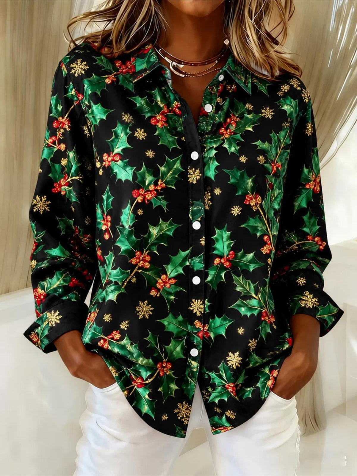 Christmas Snowflake & Tree Patterns Long Sleeve Plain Regular Micro-Elasticity Regular Fit Shirt