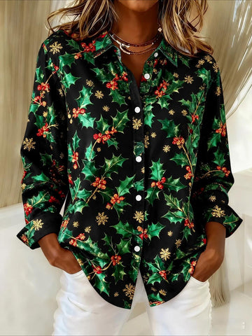 Christmas Leaf Patterns Long Sleeve Plain Regular Micro-Elasticity Regular Fit Shirt