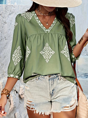 Geo Print V-neck Loose Blouse, Elegant 3/4 Sleeve Blouse