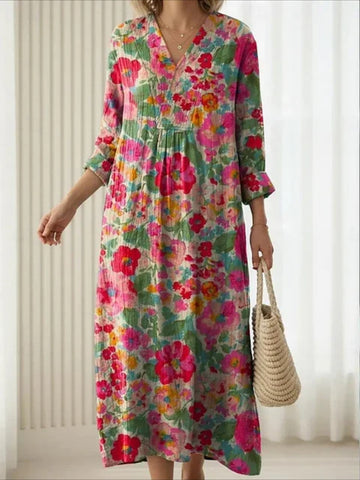 Linen Blend V Neck Casual Dress