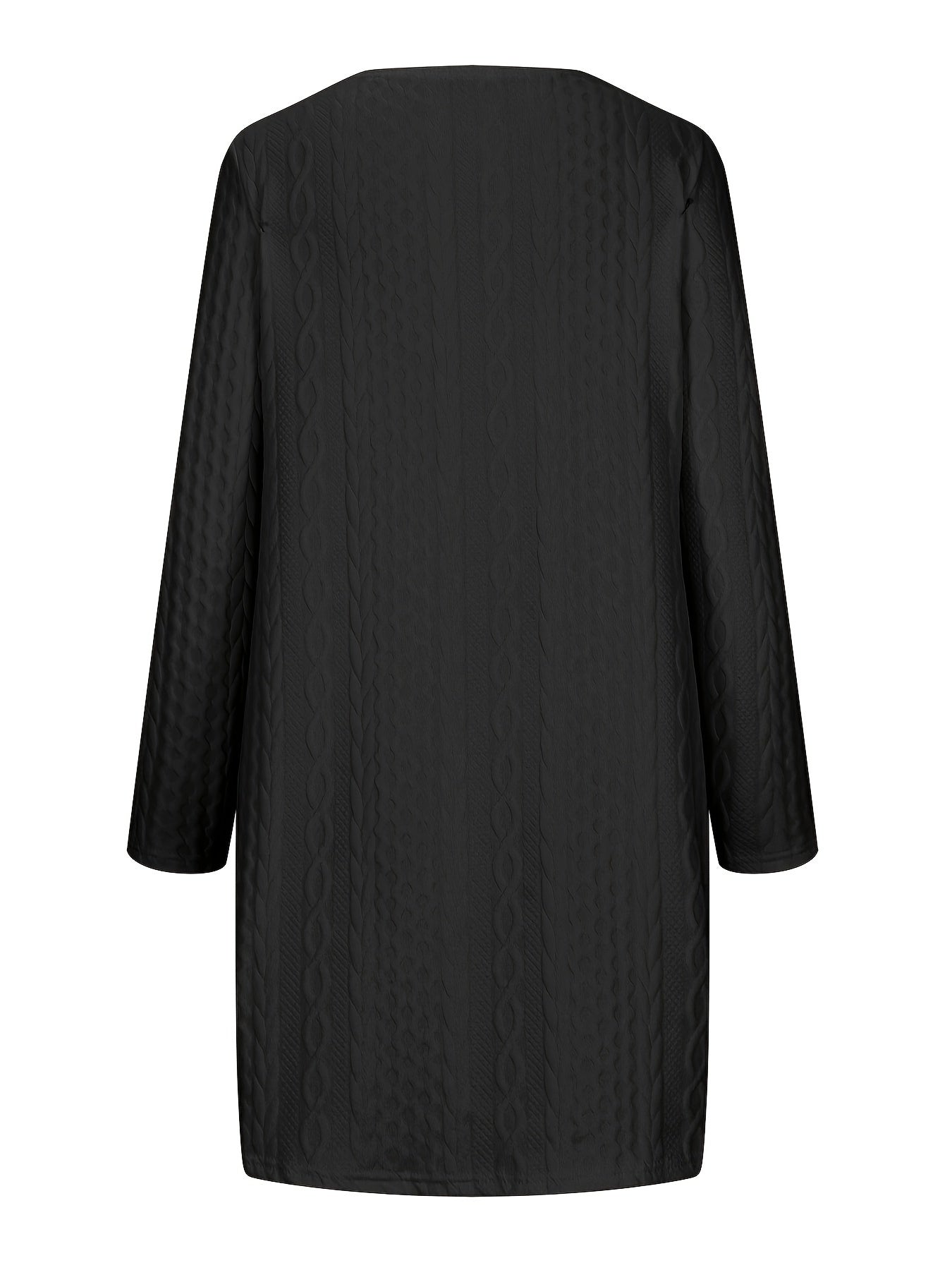 Solid Zip-up Pullover Cable Hoodie, Casual Long Sleeve Thigh Length Hoodie Mini Dress